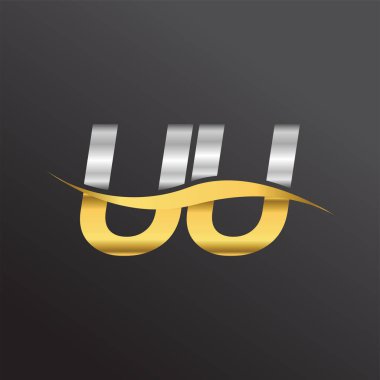 İlk harf UU UU şirketi adı altın ve gümüş rengi Swoosh tasarımı. İş ve şirket kimliği için vektör logosu.