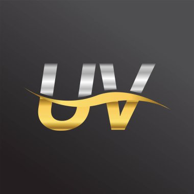 İlk harf UV logosu. Altın ve gümüş rengi Swoosh tasarımı. İş ve şirket kimliği için vektör logosu.