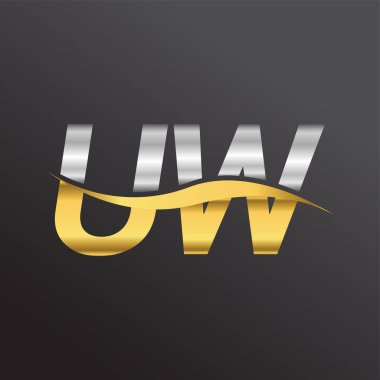 İlk harf UW UW şirketi adı altın ve gümüş rengi Swoosh tasarımı. İş ve şirket kimliği için vektör logosu.