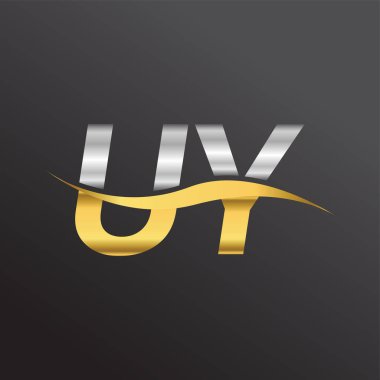 İlk harf logosu UY şirketinin adı altın ve gümüş rengi Swoosh tasarımı. İş ve şirket kimliği için vektör logosu.