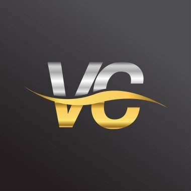 İlk harf logosu VC şirketinin adı altın ve gümüş rengi Swoosh tasarımı. İş ve şirket kimliği için vektör logosu.