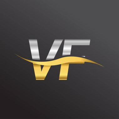 İlk harf VF logosu. Altın ve gümüş rengi Swoosh tasarımı. İş ve şirket kimliği için vektör logosu.