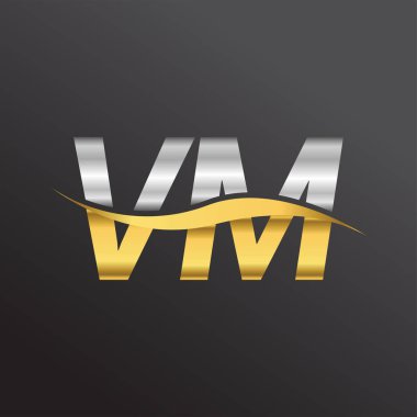 İlk harf logosu VM şirketinin adı altın ve gümüş rengi Swoosh tasarımı. İş ve şirket kimliği için vektör logosu.