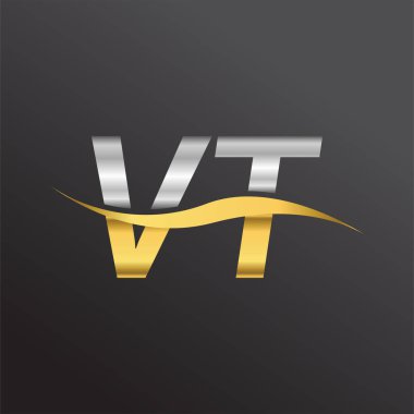 İlk harf logosu VT şirketinin adı altın ve gümüş rengi Swoosh tasarımı. İş ve şirket kimliği için vektör logosu.