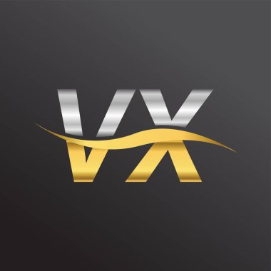 İlk harf logosu VX şirketinin adı altın ve gümüş rengi Swoosh tasarımı. İş ve şirket kimliği için vektör logosu.