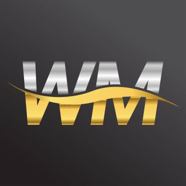 İlk harf logosu WM şirketinin adı altın ve gümüş rengi Swoosh tasarımı. İş ve şirket kimliği için vektör logosu.