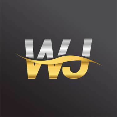İlk harf logosu WJ şirketinin adı altın ve gümüş rengi Swoosh tasarımı. İş ve şirket kimliği için vektör logosu.