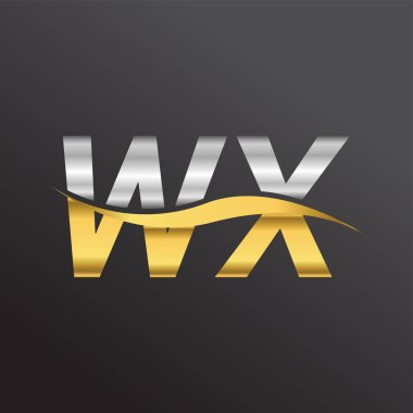 İlk harf logosu WX şirketinin adı altın ve gümüş rengi Swoosh tasarımı. İş ve şirket kimliği için vektör logosu.