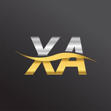 İlk harf XA şirket adı altın ve gümüş rengi Swoosh tasarımı. İş ve şirket kimliği için vektör logosu.