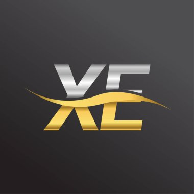 İlk harf logosu XE şirketinin adı altın ve gümüş rengi Swoosh tasarımı. İş ve şirket kimliği için vektör logosu.