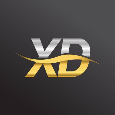 İlk harf XD logosu. Altın ve gümüş rengi Swoosh tasarımı. İş ve şirket kimliği için vektör logosu.