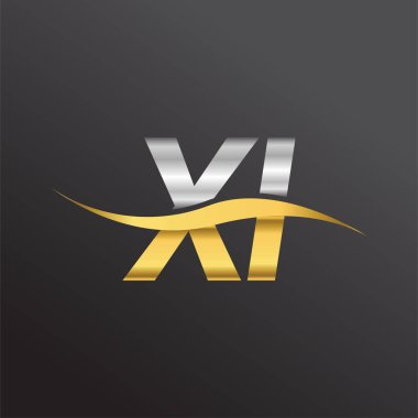 İlk harf logosu XI şirketinin adı altın ve gümüş rengi Swoosh tasarımı. İş ve şirket kimliği için vektör logosu.