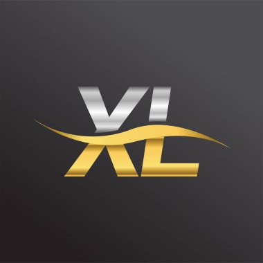 İlk harf logosu XL şirketinin adı altın ve gümüş rengi Swoosh tasarımı. İş ve şirket kimliği için vektör logosu.