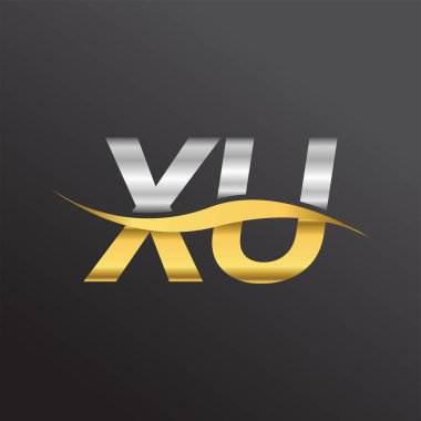 İlk harf logosu XU şirketinin adı altın ve gümüş rengi Swoosh tasarımı. İş ve şirket kimliği için vektör logosu.