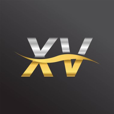 İlk harf logosu XV şirketinin adı altın ve gümüş rengi Swoosh tasarımı. İş ve şirket kimliği için vektör logosu.