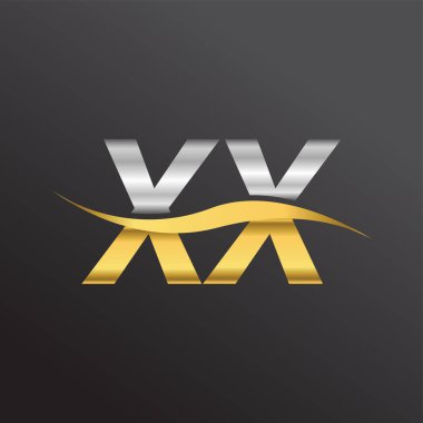 İlk harf logosu XX şirketinin adı altın ve gümüş rengi Swoosh tasarımı. İş ve şirket kimliği için vektör logosu.
