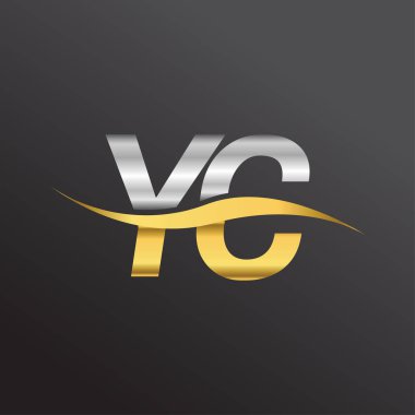 İlk harf YC logosu. Altın ve gümüş rengi Swoosh tasarımı. İş ve şirket kimliği için vektör logosu.