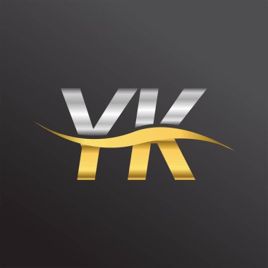 İlk harf YK şirket adı altın ve gümüş rengi Swoosh tasarımı. İş ve şirket kimliği için vektör logosu.