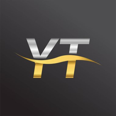 İlk harf YT şirketi adı altın ve gümüş rengi Swoosh tasarımı. İş ve şirket kimliği için vektör logosu.