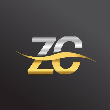 İlk harf ZC logosu. Altın ve gümüş rengi Swoosh tasarımı. İş ve şirket kimliği için vektör logosu.