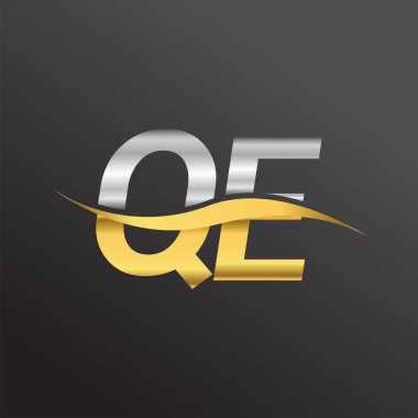 İlk harf logosu QE şirketinin adı altın ve gümüş rengi Swoosh tasarımı. İş ve şirket kimliği için vektör logosu.