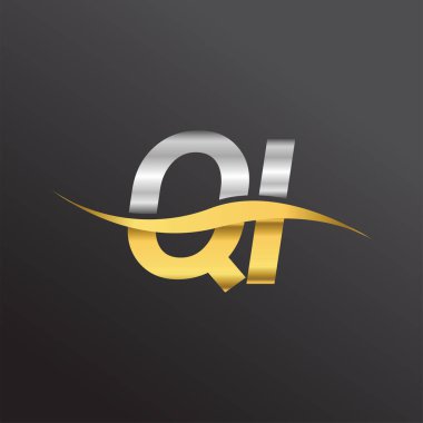 İlk harf logo QI şirketinin adı altın ve gümüş rengi swoosh tasarımı. İş ve şirket kimliği için vektör logosu.