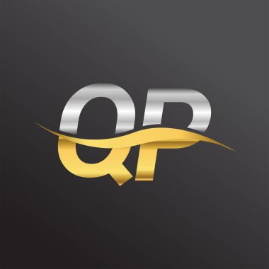 İlk harf QP şirketinin adı altın ve gümüş rengi Swoosh tasarımı. İş ve şirket kimliği için vektör logosu.