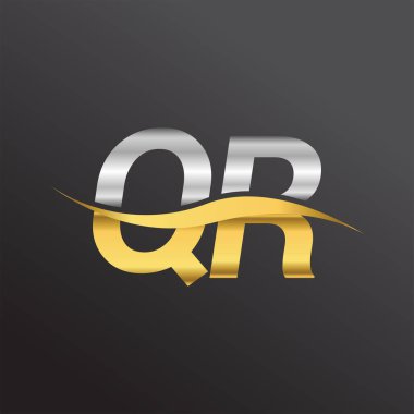 İlk harf, QR şirketinin adı altın ve gümüş rengi Swoosh tasarımı. İş ve şirket kimliği için vektör logosu.