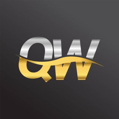 İlk harf QW şirket adı altın ve gümüş rengi Swoosh tasarımı. İş ve şirket kimliği için vektör logosu.