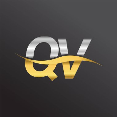İlk harf QV şirket adı altın ve gümüş rengi Swoosh tasarımı. İş ve şirket kimliği için vektör logosu.