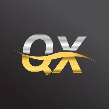 İlk harf QX şirket adı altın ve gümüş rengi Swoosh tasarımı. İş ve şirket kimliği için vektör logosu.