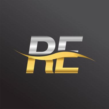 İlk harf amblemi RE şirketi adı altın ve gümüş rengi swoosh tasarımı. İş ve şirket kimliği için vektör logosu.