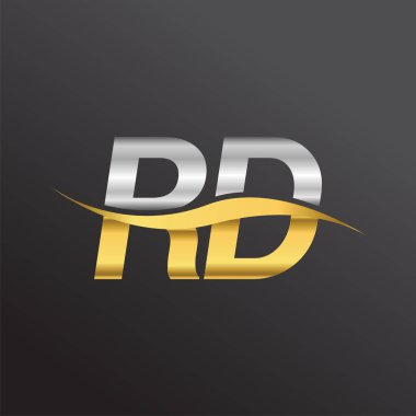 İlk harf Ar-Ge şirketinin adı altın ve gümüş rengi Swoosh tasarımı. İş ve şirket kimliği için vektör logosu.