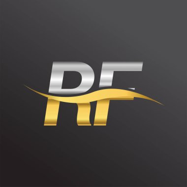 İlk harf RF logosu. Altın ve gümüş rengi Swoosh tasarımı. İş ve şirket kimliği için vektör logosu.