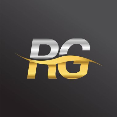 İlk harf logosu RG şirketi. Altın ve gümüş rengi Swoosh tasarımı. İş ve şirket kimliği için vektör logosu.