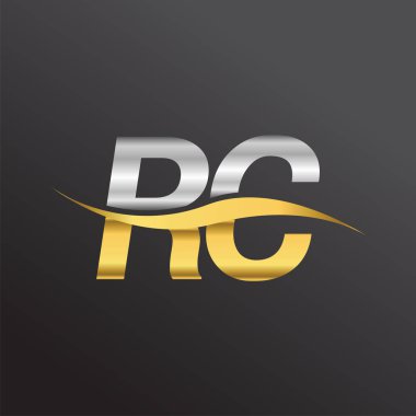 İlk harf RC şirketi adı altın ve gümüş rengi Swoosh tasarımı. İş ve şirket kimliği için vektör logosu.