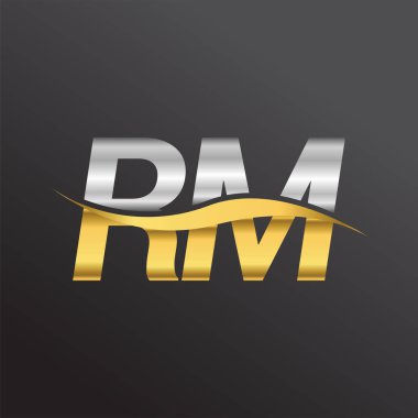 İlk harf RM logosu. Altın ve gümüş rengi Swoosh tasarımı. İş ve şirket kimliği için vektör logosu.