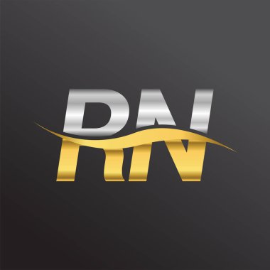 İlk harf RN şirketi adı altın ve gümüş rengi Swoosh tasarımı. İş ve şirket kimliği için vektör logosu.