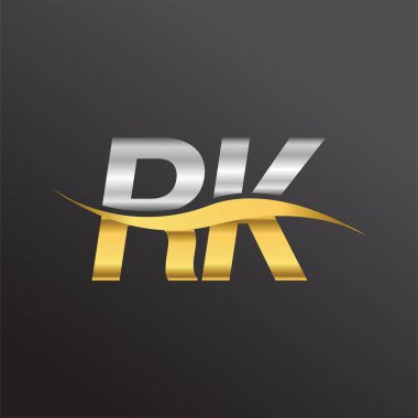 İlk harf logosu RK şirketinin adı altın ve gümüş rengi Swoosh tasarımı. İş ve şirket kimliği için vektör logosu.