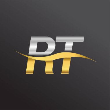 İlk harf RT şirketi, altın ve gümüş rengi Swoosh tasarımı. İş ve şirket kimliği için vektör logosu.