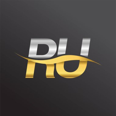 İlk harf Logo RU şirketinin adı Altın ve Gümüş rengi Swoosh tasarımı. İş ve şirket kimliği için vektör logosu.