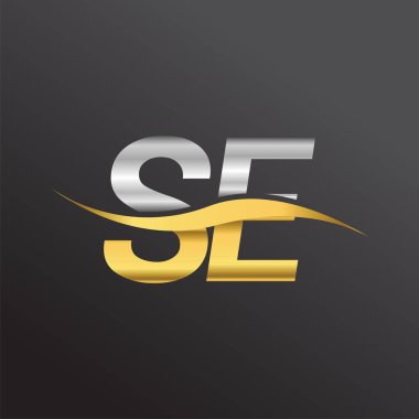 İlk harf, SE şirketinin altın ve gümüş renkli logosu. İş ve şirket kimliği için vektör logosu.