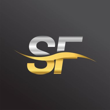 İlk harf logosu SF şirketinin adı altın ve gümüş rengi Swoosh tasarımı. İş ve şirket kimliği için vektör logosu.