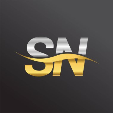 İlk harf logosu SN şirketinin adı altın ve gümüş rengi Swoosh tasarımı. İş ve şirket kimliği için vektör logosu.
