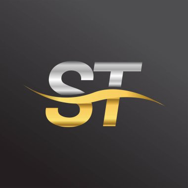 İlk harf ST şirketi logosu. Altın ve gümüş rengi Swoosh tasarımı. İş ve şirket kimliği için vektör logosu.