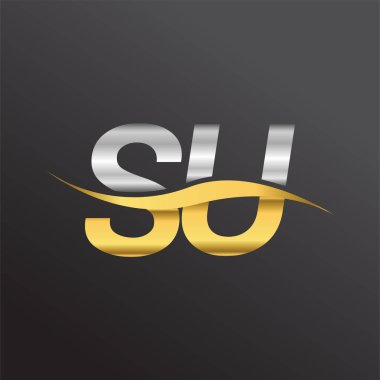 İlk harf logosu SU şirketinin adı altın ve gümüş rengi Swoosh tasarımı. İş ve şirket kimliği için vektör logosu.