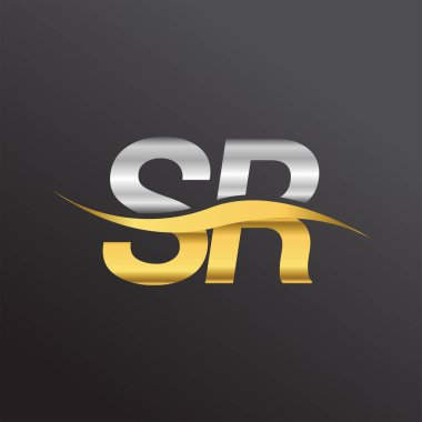 İlk harf logosu SR şirketinin adı altın ve gümüş rengi Swoosh tasarımı. İş ve şirket kimliği için vektör logosu.