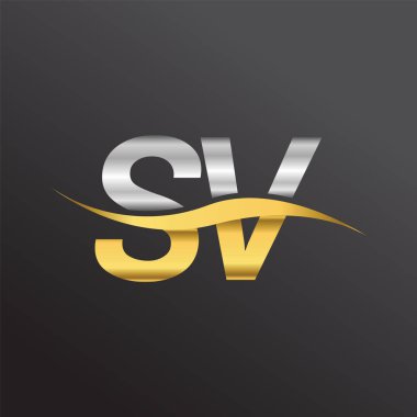 İlk harf logosu SV şirketinin adı altın ve gümüş rengi Swoosh tasarımı. İş ve şirket kimliği için vektör logosu.