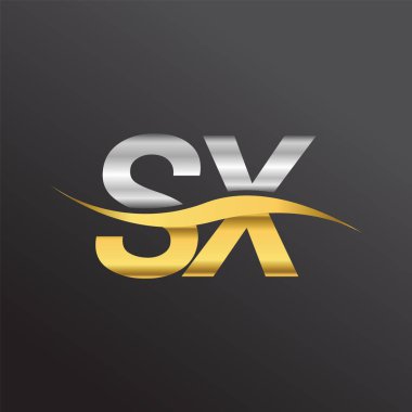 İlk harf logosu SX şirketinin adı altın ve gümüş rengi Swoosh tasarımı. İş ve şirket kimliği için vektör logosu.