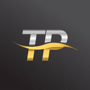 İlk harf logosu TP şirketinin adı Altın ve Gümüş rengi Swoosh tasarımı. İş ve şirket kimliği için vektör logosu.